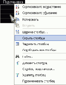 Использование контекстного меню для скрытия столбцов