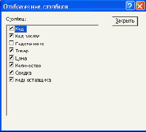 Диалоговое окно Отображение столбцов