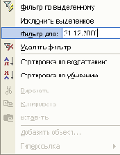 Поле Фильтр для в контекстном меню